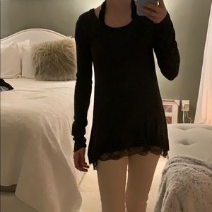 Gray sweater with lace trim